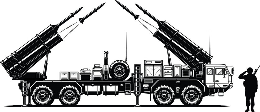 Military missile launcher vehicle silhouette illustration with soldier salute, defense technology artwork, warfare design concept, black and white vector template set