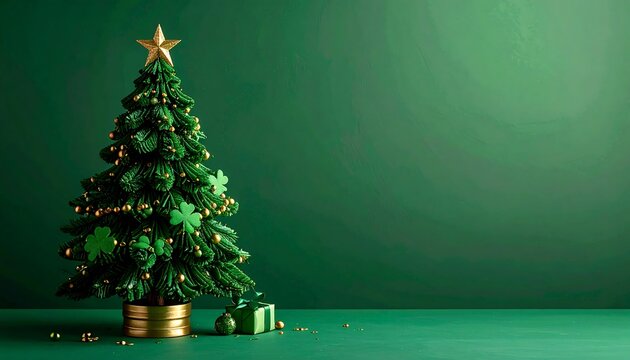 Festive tree stands adorned with gold star, ornaments, and shamrocks, a gift beside it, on a green backdrop