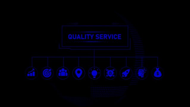 Blue silhouette of a qualitative service sign with representing different business aspects