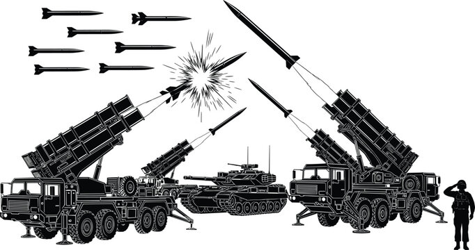 Missile defense system silhouette illustration with interception, military vehicles tank soldier artwork, warfare design concept, black and white vector template set