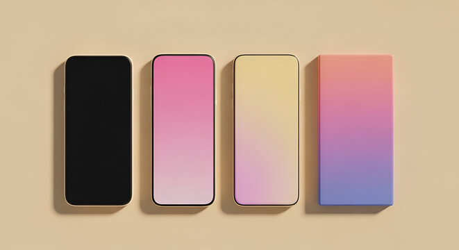 Four rectangular objects arranged in a row, one black, three with subtle gradient color transitions from pink to yellow and yellow to purple, on a plain beige background, abstract display concept