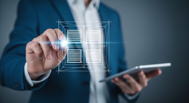 Businessman interacting with futuristic digital interface on tablet