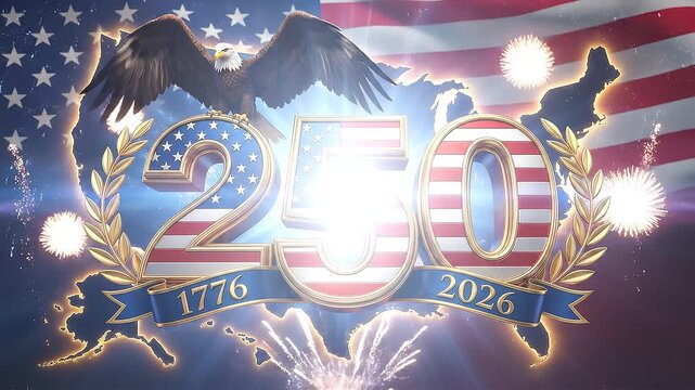 An epic 3D motion graphic celebrating the 250th Anniversary of USA Independence. Bald eagle on the gold-framed numbers '250', a waving American flag, and fireworks within a glowing USA map outline