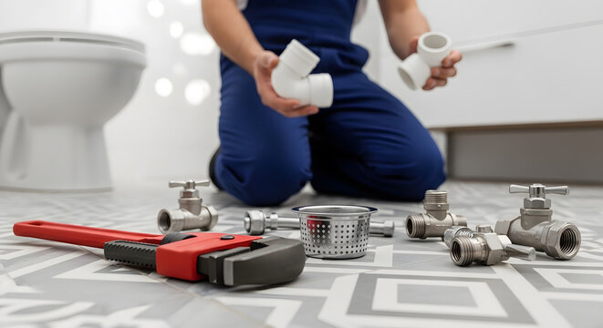 Professional plumber installing bathroom fixtures | Plumbing tools and supplies on bathroom floor | Emergency residential plumbing repair services | Pipe wrench and valves for home maintenance