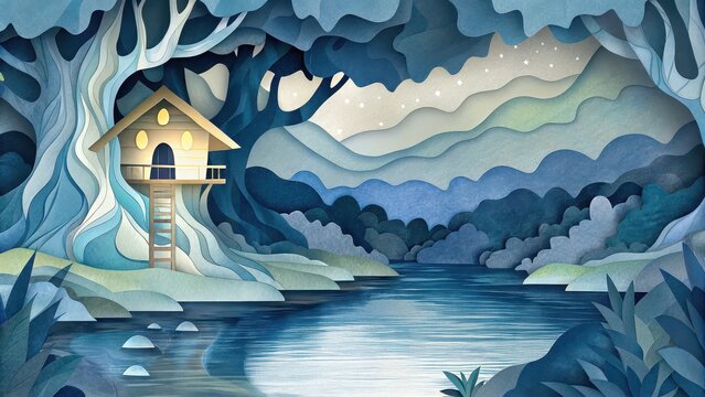 Paper cut glowing treehouse by river at night, magical forest illustration with layered mountains and water, dreamy storytelling landscape, wall art, book cover, greeting card design