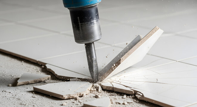 Professional floor tile removal service | Jackhammer breaking ceramic tiles | Home renovation demolition process | Power tools for removing old flooring | Construction site debris and tile replacement