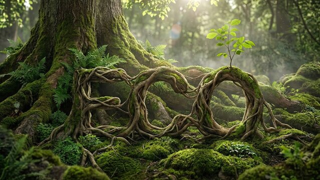 Eco-Roots of Growth: A verdant landscape intertwines with the essence of 'ECO,' where nature's resilience takes root. Lush green moss blankets the terrain, while sturdy tree roots form the letters.