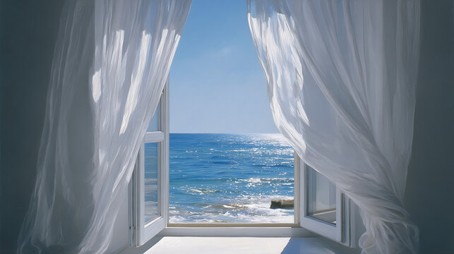 Serene ocean view from a window with white curtains blowing gently