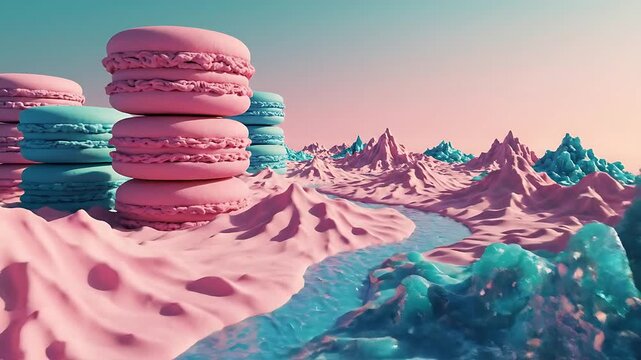 Whimsical 3D Macaron Landscape with Pink Hills and Teal Crystal Formations.