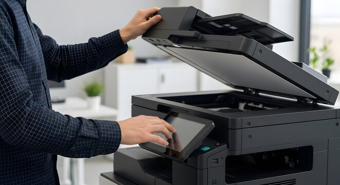 Modern multifunction printer in office | Businessman scanning documents with digital interface | Professional office worker using touchscreen printer