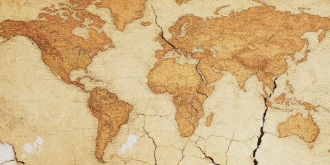 A cracked and dry world map on a beige background surface © Nasrin