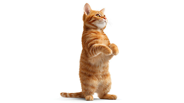 An adorable orange tabby cat standing on its hind legs and looking up curiously isolated on white background