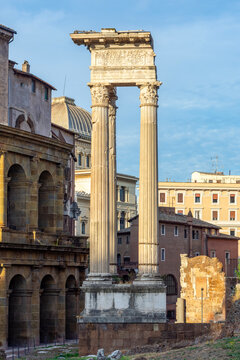 Ancient columns of Apollo and Bellona temple at theater of Marcellus, Rome, Italy