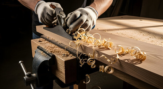 Professional carpenter using hand plane on wood | Traditional woodworking craftsmanship in workshop | Close up of wood shavings from hand planing | Artisan furniture maker at work with hand tools