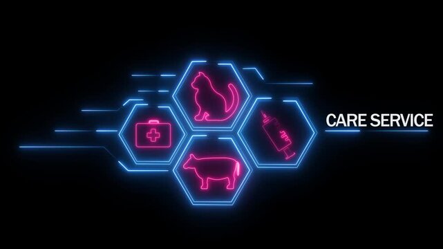 Neon glowing veterinary care service including a cat cow medical bag and syringe arranged in hexagons on a dark background with blue circuit lines