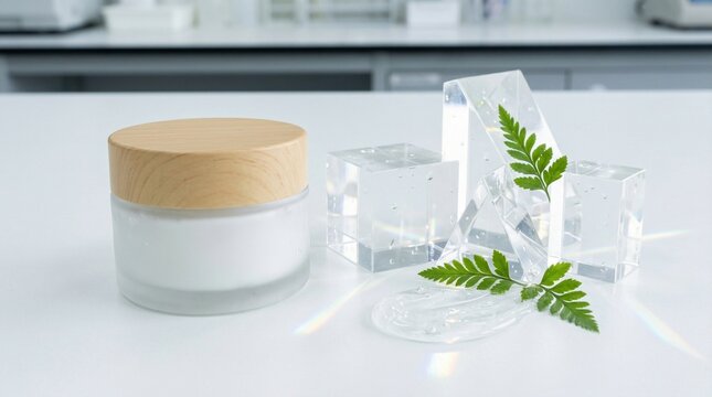 맑은 젤 텍스처와 함께 놓인 투명 아크릴 블록과 불투명 유리 단지 크림 목업