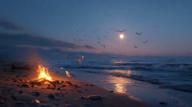A serene beach scene at dusk with a campfire burning on the shore and seagulls flying overhead under a full moon