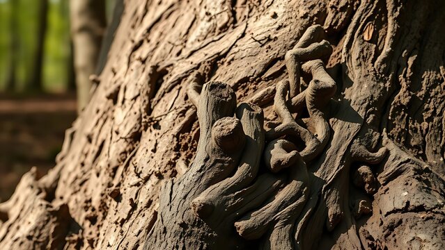  Close-up of a tree root with knotted protrusions and rough texture in a woodland.