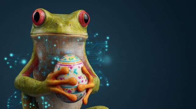 Charming easter vibes: frogs, eggs, and festive spirits. Human machine. Whimsical frog with pastel egg for easter wishes. Futuristic technology. Ai concept.