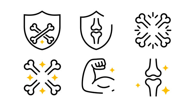 A diverse collection of black outline icons represents human bone and muscle health with shining yellow accents.