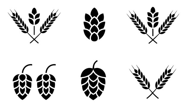A set of black silhouette icons showcases different varieties of wheat ears and hop cones.