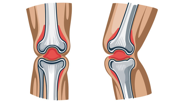 Detailed medical diagrams showcasing the healthy anatomy of a human knee joint from frontal and sagittal views.