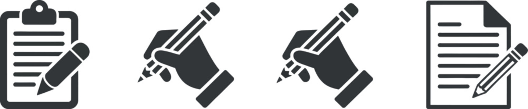 Clipboard and pencil icon set with hand writing symbols representing note taking, editing and office education vector illustration