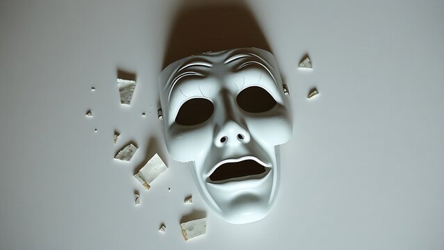  A fragmented theatrical mask with pieces reassembled into a distorted expression. 