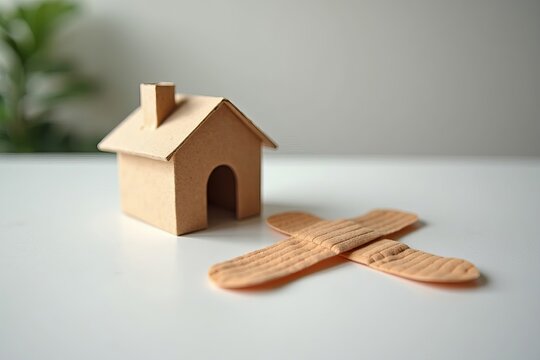 Symbolic Image of a Broken House Model with Crossed Band-Aids on Desk Signifying Repair, Recovery, and Reconnection Following Damage.