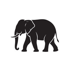 Fototapeta premium Black silhouette walking elephant side view with tusks trunk large mammal savanna animal africa wild creature heavy body.