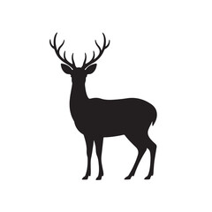 Fototapeta premium Elegant deer silhouette with large antlers standing in profile view on white background for wildlife conservation and nature branding design.