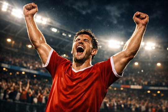 victorious soccer player celebrating goal with raised fists in stadium under bright lights intense emotion determination and triumph capturing peak performance energy and competitive sports spirit