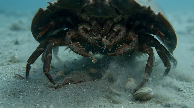 Macro View of Horseshoe Crab Underbelly on Sandy Ocean Floor &ndash; Marine Biology and Ancient Crustacean Concept