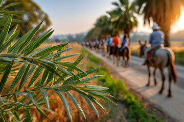 Close up of palm branch with people riding horses in background during sunset along a path in nature
