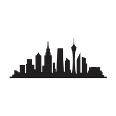 Fototapeta premium Modern city skyline silhouette with diverse skyscrapers and iconic tower against white background vibrant urban architecture represents city life and progress and future.
