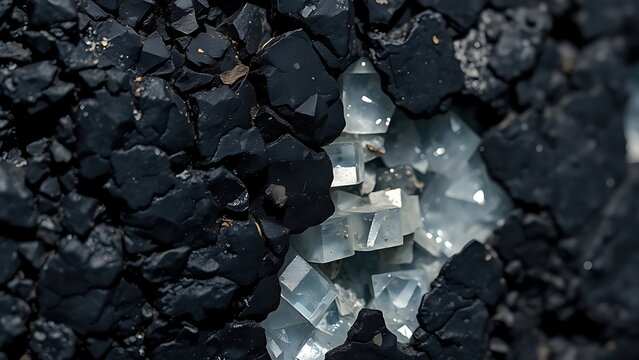  Close-up of dark pegmatite rock with embedded sparkling minerals. 