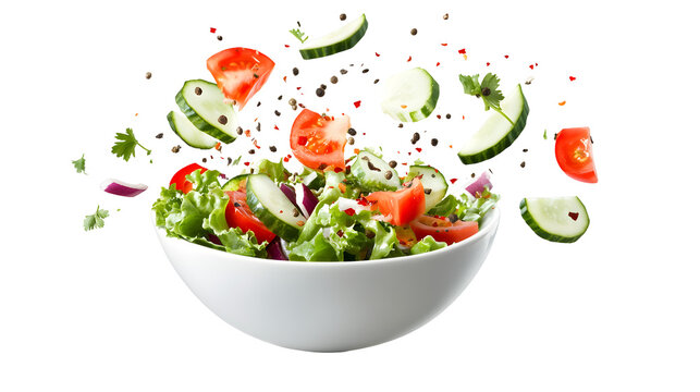 Tossed salad ingredients flying out of white bowl