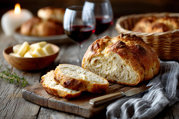 Holy week still life with bread and red wine on a wooden table with soft light in the background