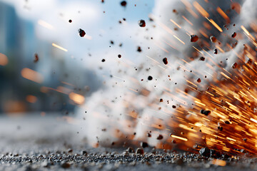 Explosion in a city scene with light leak effect and scratch dust details creating a dynamic visual moment in time