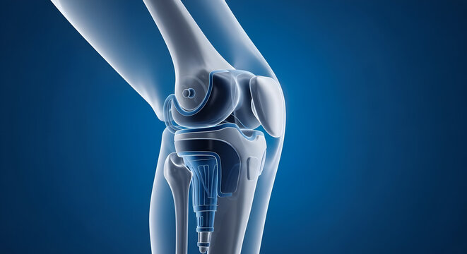 Professional medical 3d render showing the internal structure of a human knee joint replacement surgery implant positioned inside a bone for educational purposes in a clinic or hospital setting