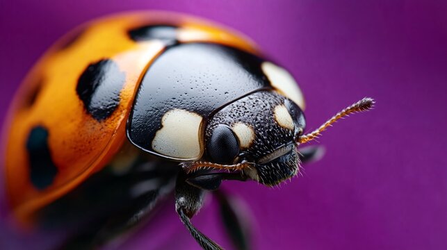 Close-up of a ladybug with orange and black coloration, showcasing distinct spots and antennae against a vibrant purple background