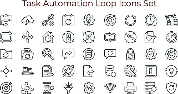 Task automation loop outline icon set featuring workflow synchronization analytics optimization monitoring interface symbols for productivity dashboards platforms systems