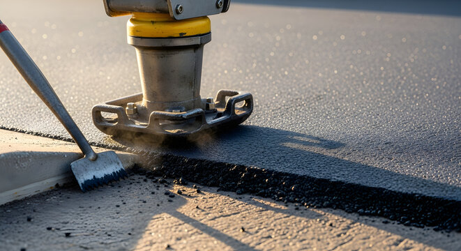 Industrial power tamper compacting hot asphalt | Road construction machinery in action | Vibratory rammer for pavement repair | Professional asphalt paving process