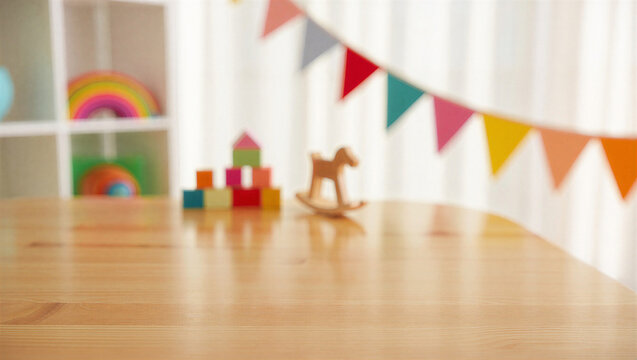 Empty wooden table surface with blurred playroom background and colorful decorations with kids room