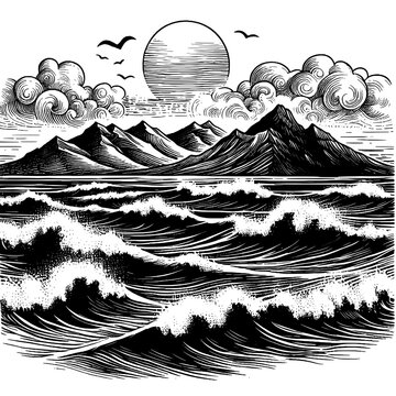 Line art sketch drawing of seascape with large rolling waves in the foreground and jagged mountain ranges in the background vector svg