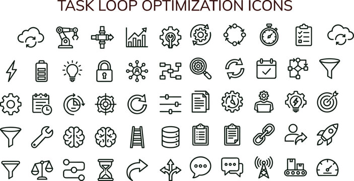 Task loop optimization outline icon set featuring automation workflow analytics performance monitoring interface symbols for productivity systems dashboards platforms
