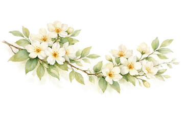 Fototapeta premium delicate watercolor floral branch with soft white blossoms and green leaves on clean background elegant botanical illustration perfect for wedding invitation branding decor and artistic design use