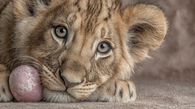 Joyful easter greetings: cute cub holds vibrant egg. Colorful surrealism. Adorable lion cub with easter egg: a warm celebration scene. Surreal composition. Visionary fashion.