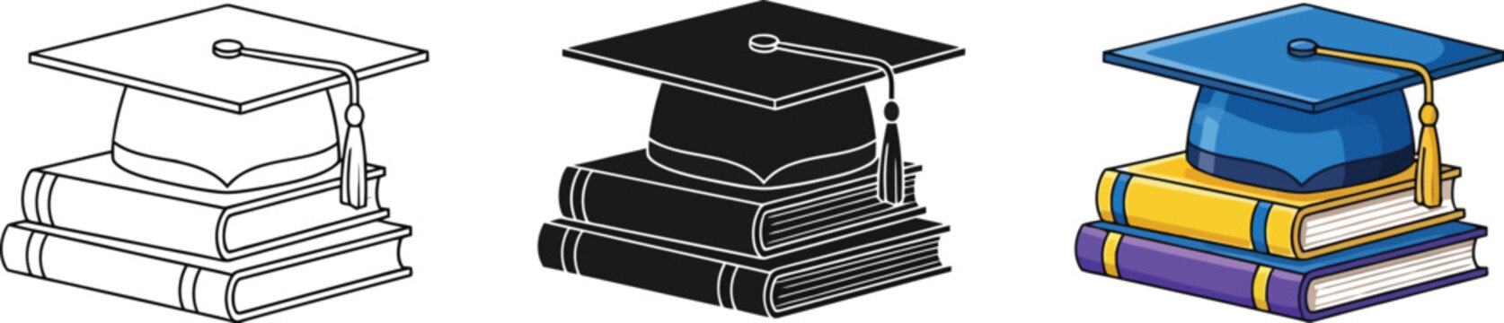 graduation cap and book vector illustration set in various colors and styles for education and academic themes