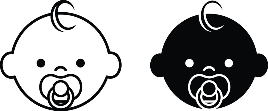 Vector illustration of baby faces with pacifiers in black and white